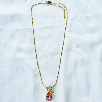 Pink Topaz Cubic Zirconia Butterfly Drop Design American Diamond Gold Plated Stainless Steel Necklace