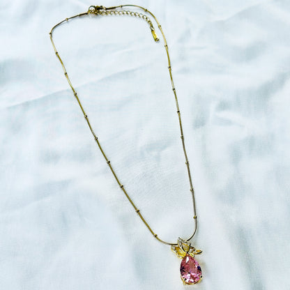 Pink Topaz Cubic Zirconia Butterfly Drop Design American Diamond Gold Plated Stainless Steel Necklace