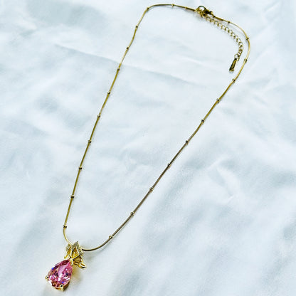 Pink Topaz Cubic Zirconia Butterfly Drop Design American Diamond Gold Plated Stainless Steel Necklace