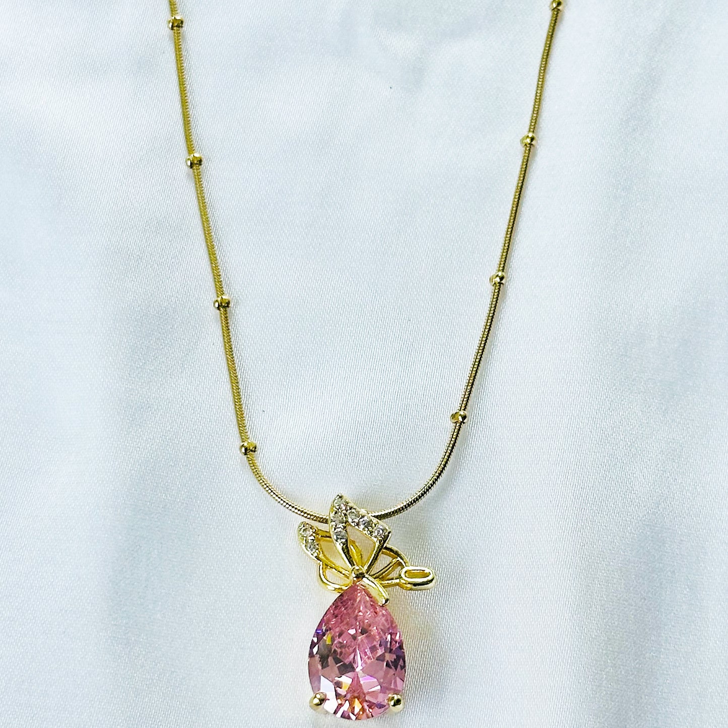 Pink Topaz Cubic Zirconia Butterfly Drop Design American Diamond Gold Plated Stainless Steel Necklace