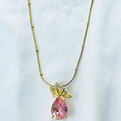 Pink Topaz Cubic Zirconia Butterfly Drop Design American Diamond Gold Plated Stainless Steel Necklace