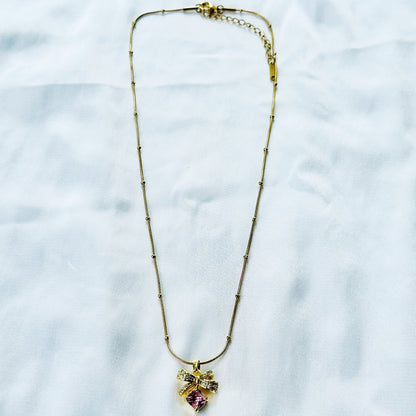 Pink Topaz Cubic Zirconia Bow Design American Diamond Gold Plated Stainless Steel Necklace