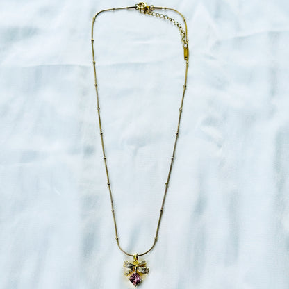 Pink Topaz Cubic Zirconia Bow Design American Diamond Gold Plated Stainless Steel Necklace