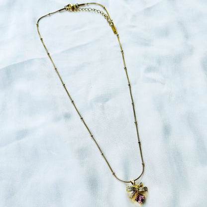 Pink Topaz Cubic Zirconia Bow Design American Diamond Gold Plated Stainless Steel Necklace