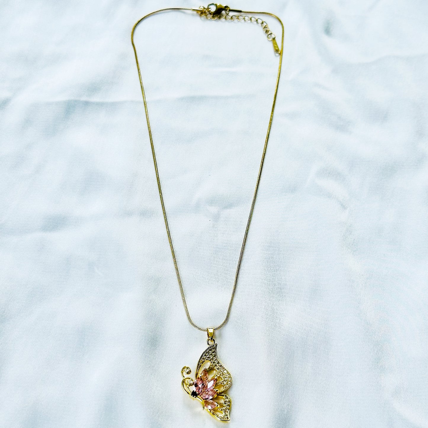 Pink Topaz Cubic Zirconia Butterfly Design American Diamond Gold Plated Stainless Steel Necklace