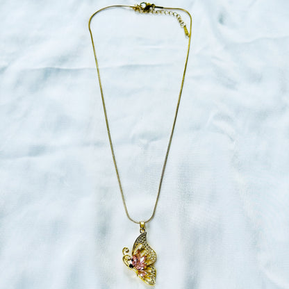 Pink Topaz Cubic Zirconia Butterfly Design American Diamond Gold Plated Stainless Steel Necklace