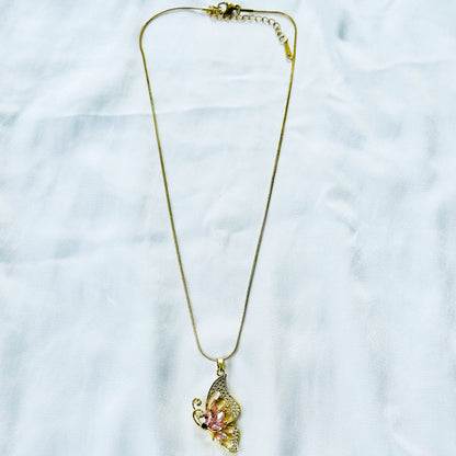 Pink Topaz Cubic Zirconia Butterfly Design American Diamond Gold Plated Stainless Steel Necklace