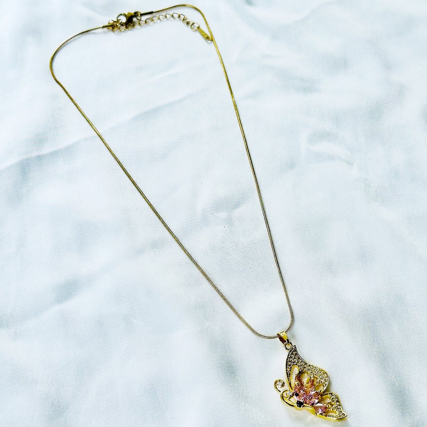 Pink Topaz Cubic Zirconia Butterfly Design American Diamond Gold Plated Stainless Steel Necklace