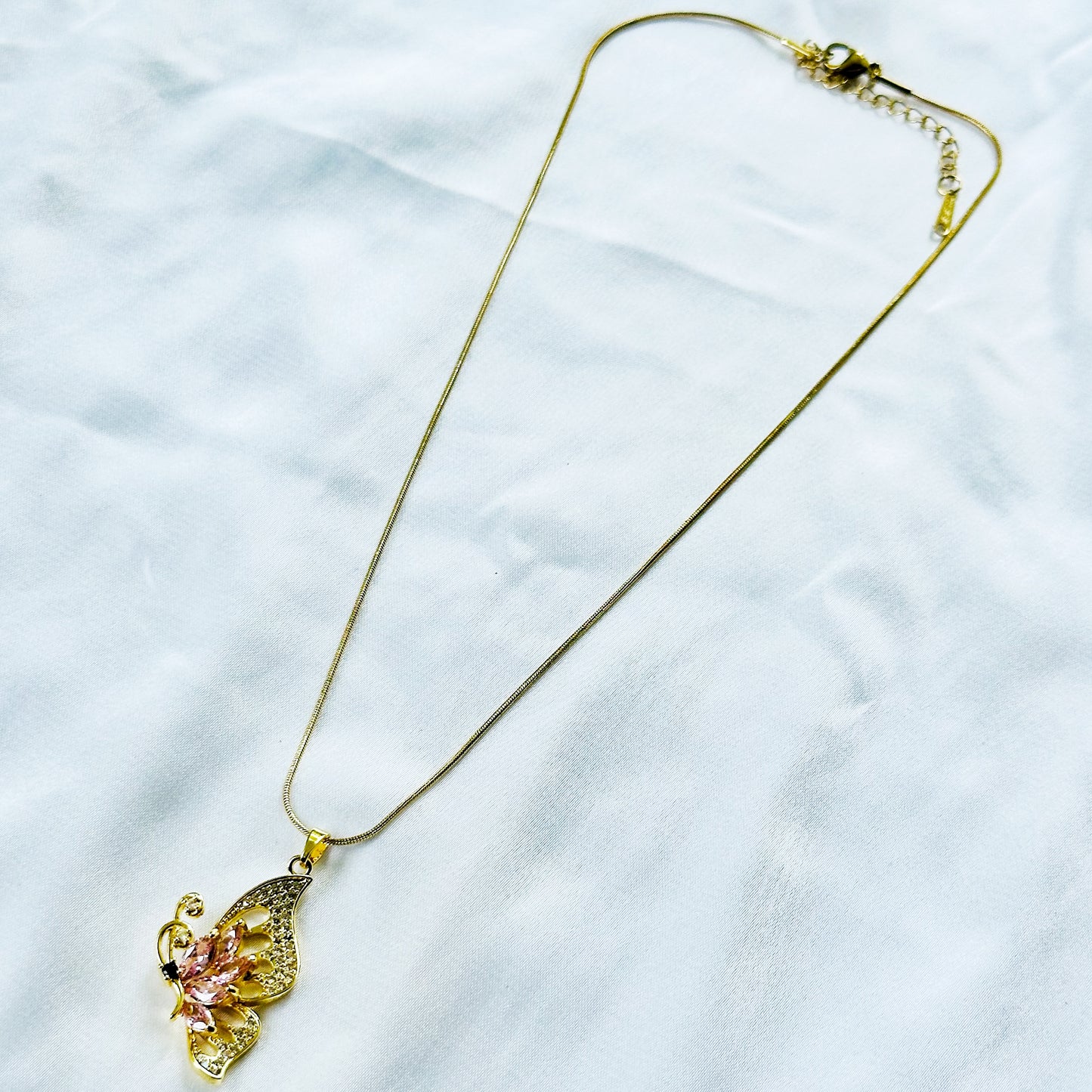 Pink Topaz Cubic Zirconia Butterfly Design American Diamond Gold Plated Stainless Steel Necklace
