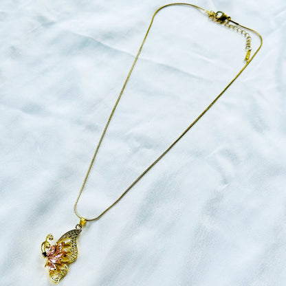 Pink Topaz Cubic Zirconia Butterfly Design American Diamond Gold Plated Stainless Steel Necklace