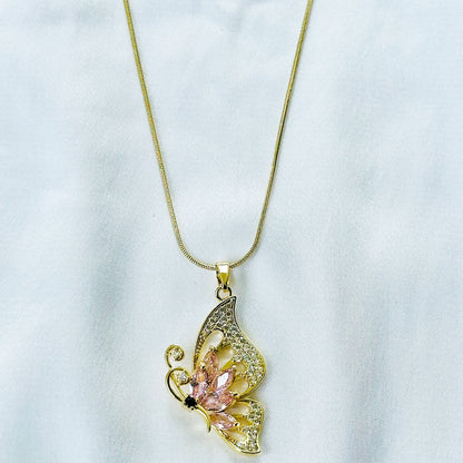 Pink Topaz Cubic Zirconia Butterfly Design American Diamond Gold Plated Stainless Steel Necklace