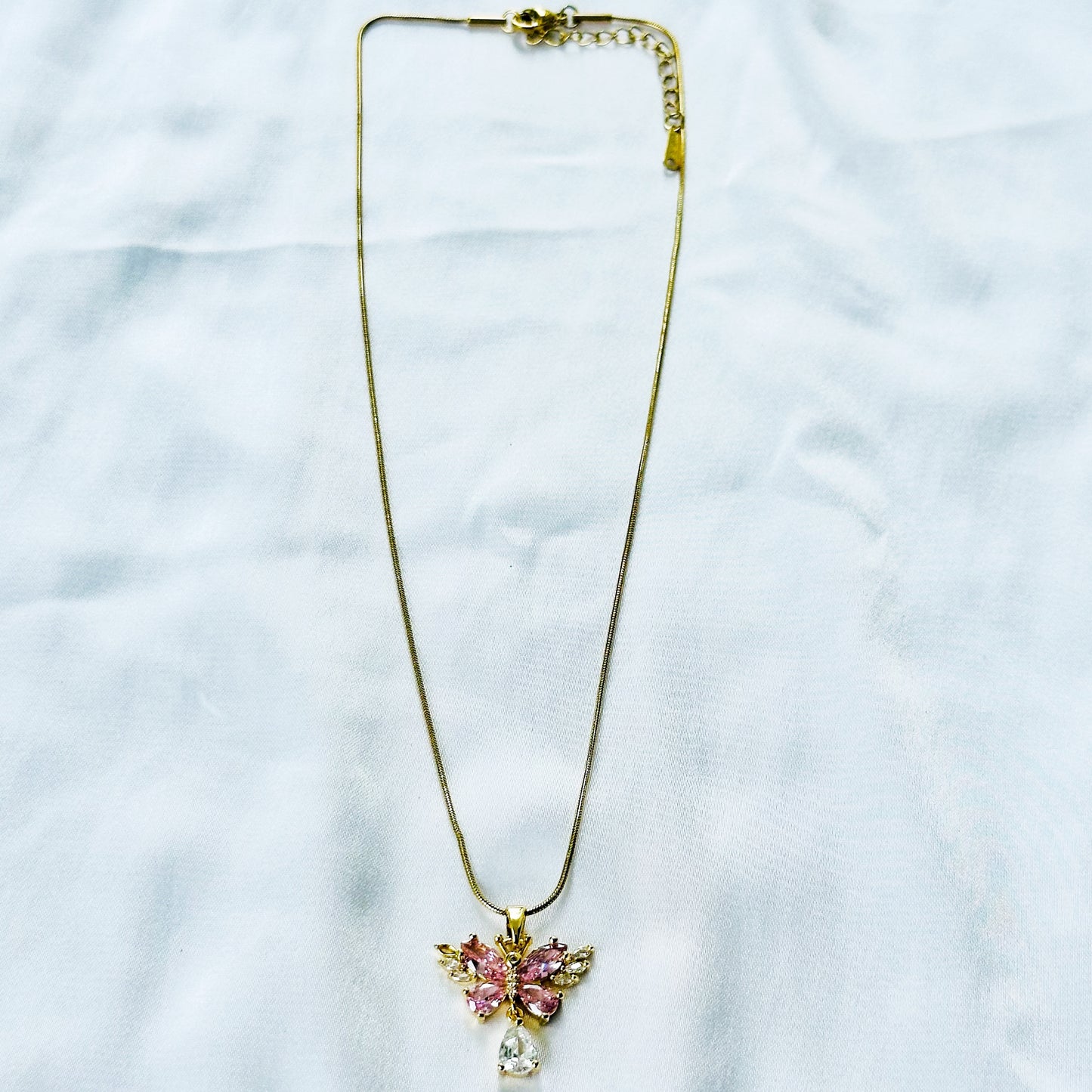 Pink Topaz Cubic Zirconia Butterfly Design American Diamond Gold Plated Stainless Steel Necklace