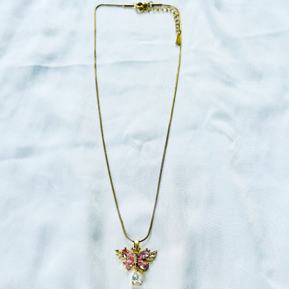Pink Topaz Cubic Zirconia Butterfly Design American Diamond Gold Plated Stainless Steel Necklace