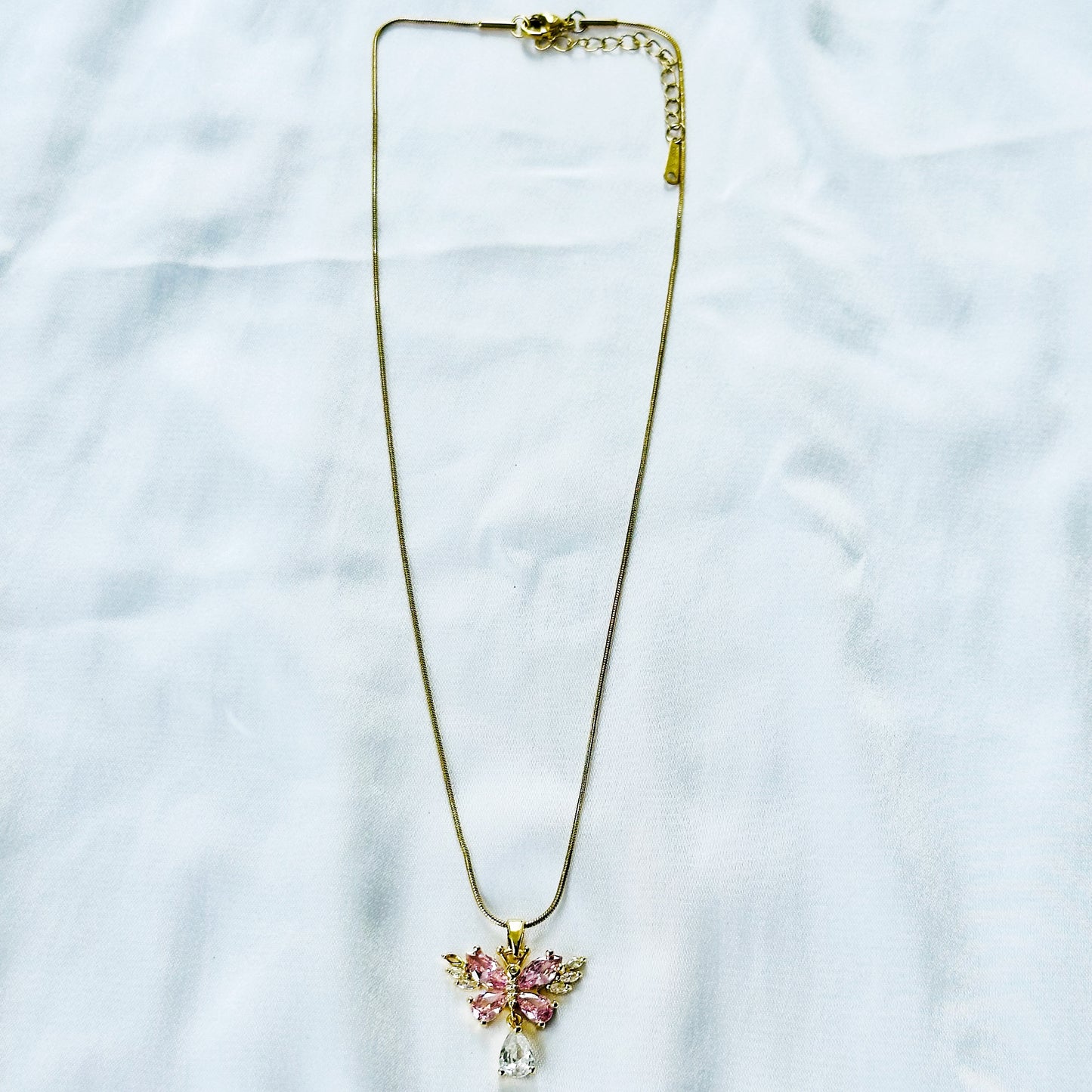 Pink Topaz Cubic Zirconia Butterfly Design American Diamond Gold Plated Stainless Steel Necklace