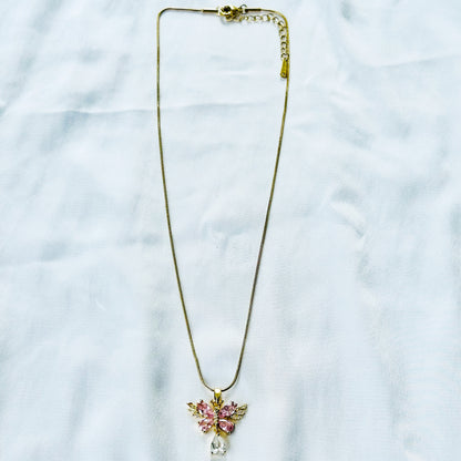 Pink Topaz Cubic Zirconia Butterfly Design American Diamond Gold Plated Stainless Steel Necklace