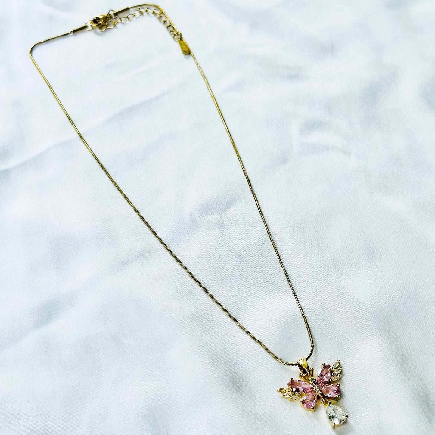 Pink Topaz Cubic Zirconia Butterfly Design American Diamond Gold Plated Stainless Steel Necklace