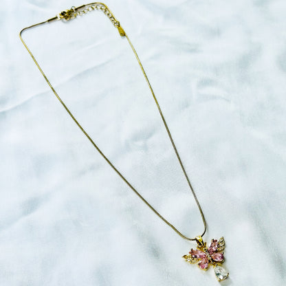 Pink Topaz Cubic Zirconia Butterfly Design American Diamond Gold Plated Stainless Steel Necklace