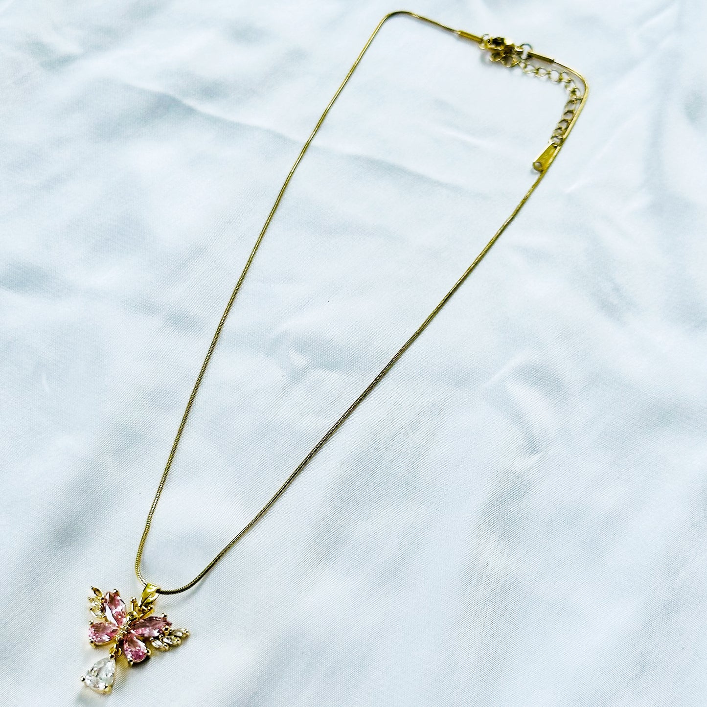 Pink Topaz Cubic Zirconia Butterfly Design American Diamond Gold Plated Stainless Steel Necklace