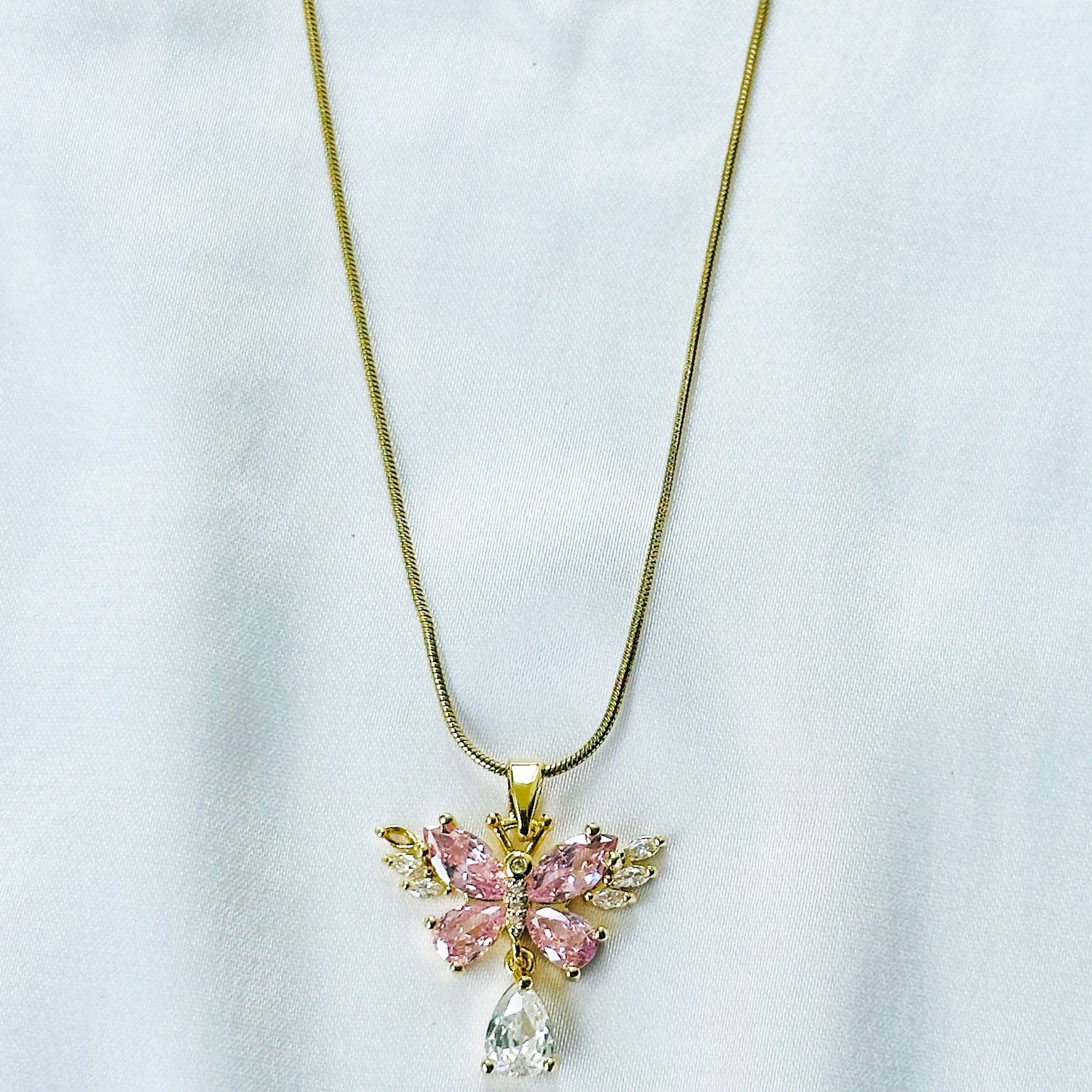 Pink Topaz Cubic Zirconia Butterfly Design American Diamond Gold Plated Stainless Steel Necklace