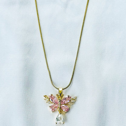 Pink Topaz Cubic Zirconia Butterfly Design American Diamond Gold Plated Stainless Steel Necklace