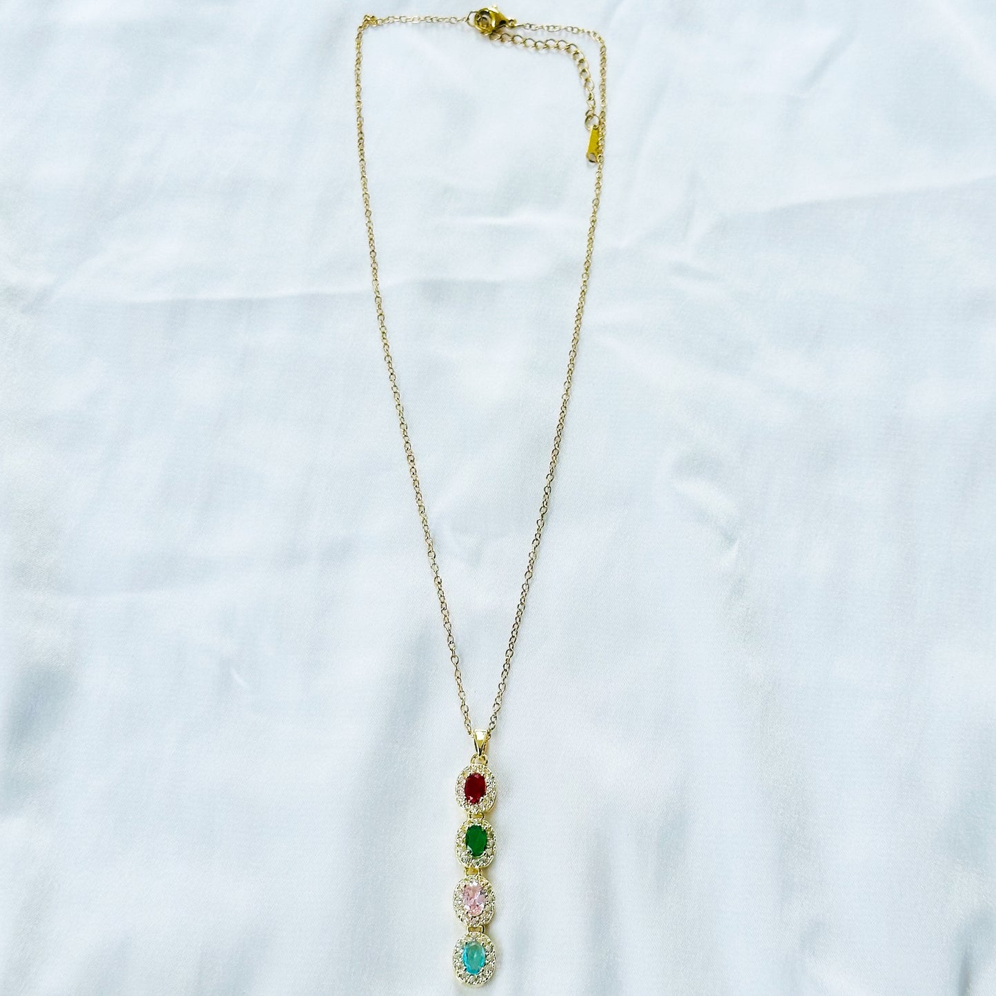 Multi Color Cubic Zirconia American Diamond Gold Plated Stainless Steel Necklace