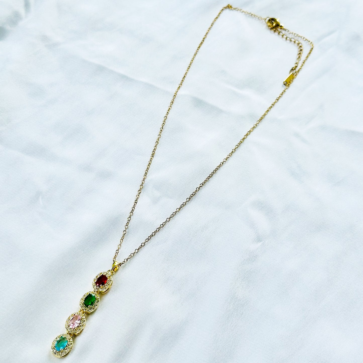 Multi Color Cubic Zirconia American Diamond Gold Plated Stainless Steel Necklace