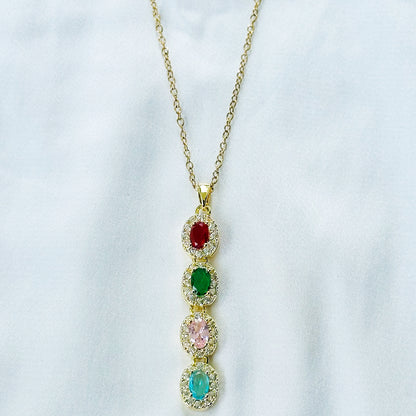 Multi Color Cubic Zirconia American Diamond Gold Plated Stainless Steel Necklace