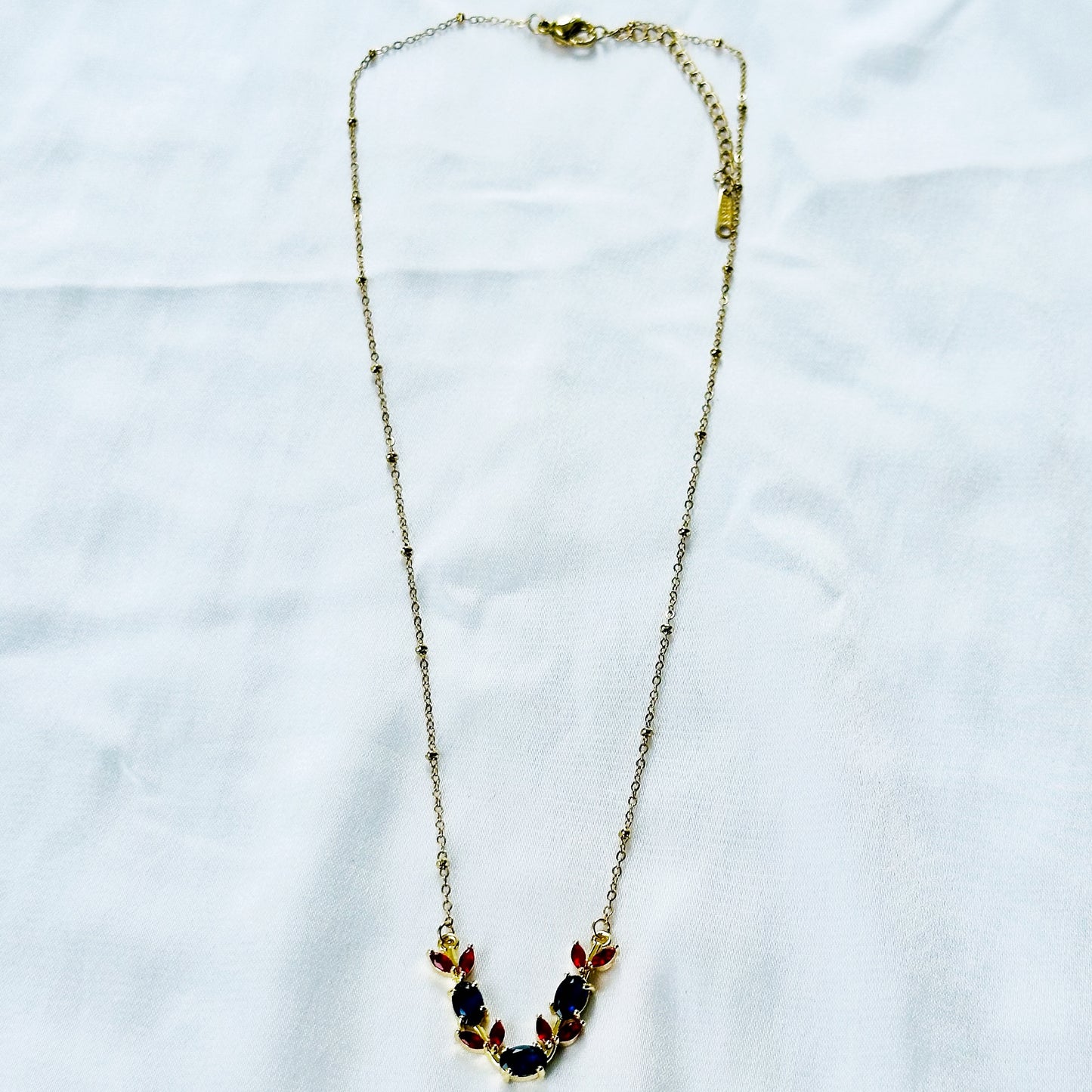 Blue Sapphire & Red Ruby Cubic Zirconia American Diamond Gold Plated Stainless Steel Necklace