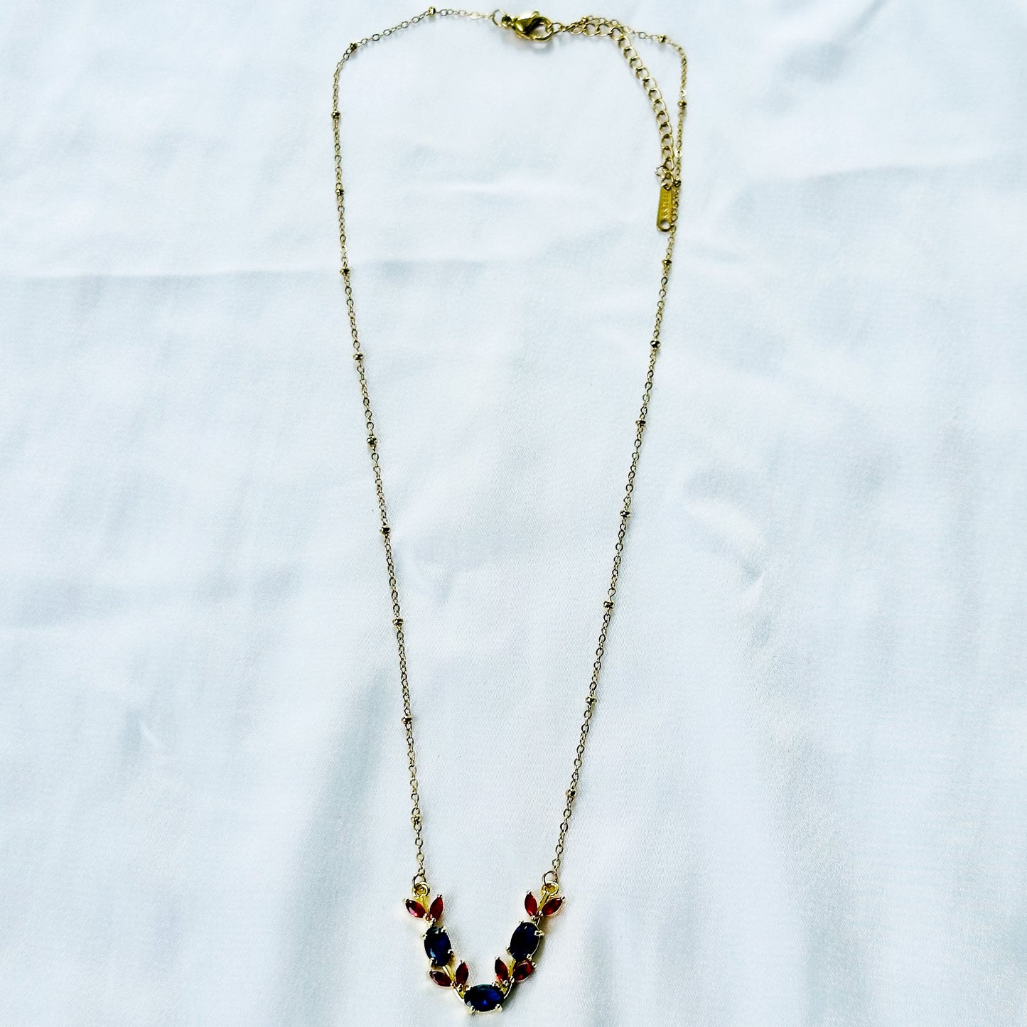 Blue Sapphire & Red Ruby Cubic Zirconia American Diamond Gold Plated Stainless Steel Necklace