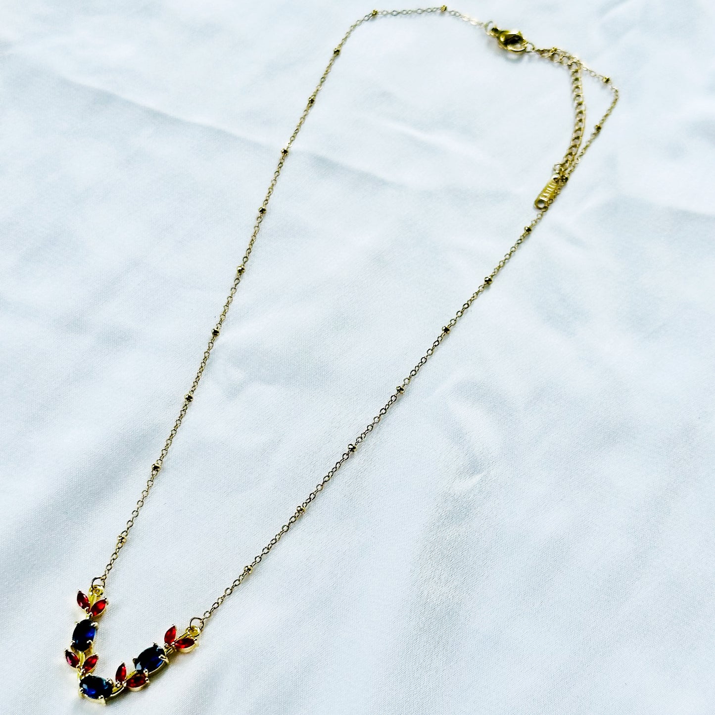 Blue Sapphire & Red Ruby Cubic Zirconia American Diamond Gold Plated Stainless Steel Necklace