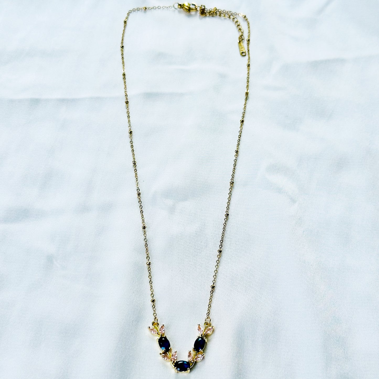 Blue Sapphire & Pink Topaz Cubic Zirconia Tulip Design American Diamond Gold Plated Stainless Steel Necklace
