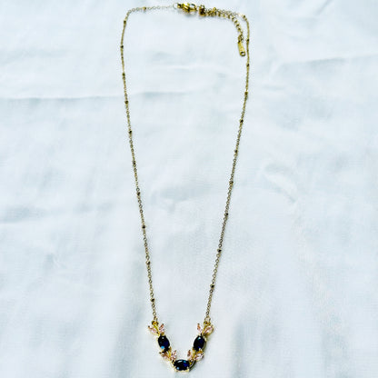 Blue Sapphire & Pink Topaz Cubic Zirconia Tulip Design American Diamond Gold Plated Stainless Steel Necklace