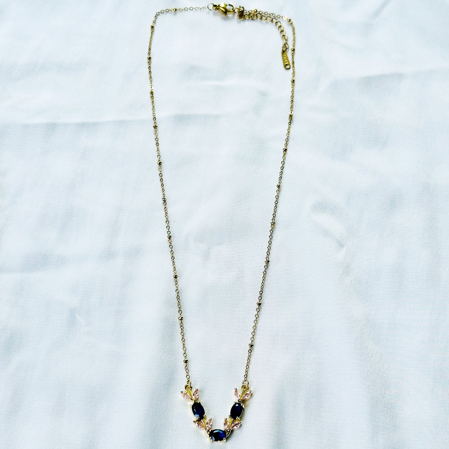 Blue Sapphire & Pink Topaz Cubic Zirconia Tulip Design American Diamond Gold Plated Stainless Steel Necklace