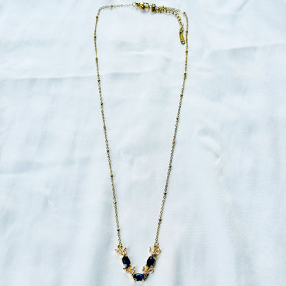 Blue Sapphire & Pink Topaz Cubic Zirconia Tulip Design American Diamond Gold Plated Stainless Steel Necklace