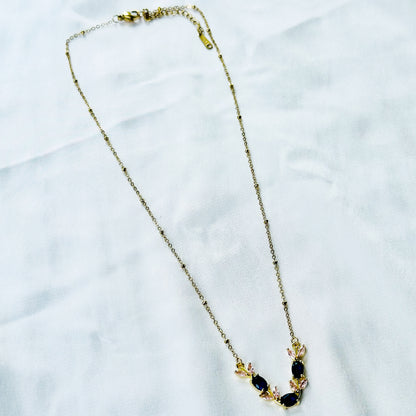 Blue Sapphire & Pink Topaz Cubic Zirconia Tulip Design American Diamond Gold Plated Stainless Steel Necklace