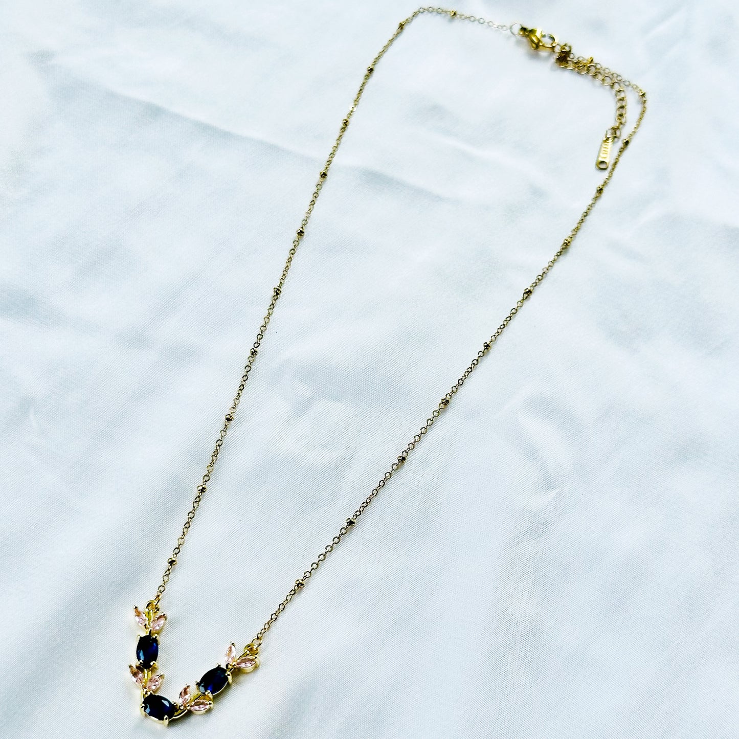 Blue Sapphire & Pink Topaz Cubic Zirconia Tulip Design American Diamond Gold Plated Stainless Steel Necklace