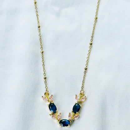 Blue Sapphire & Pink Topaz Cubic Zirconia Tulip Design American Diamond Gold Plated Stainless Steel Necklace