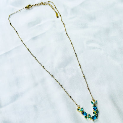 Aqua Blue Sapphire Cubic Zirconia Tulip Design American Diamond Gold Plated Stainless Steel Necklace