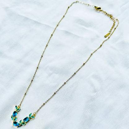 Aqua Blue Sapphire Cubic Zirconia Tulip Design American Diamond Gold Plated Stainless Steel Necklace