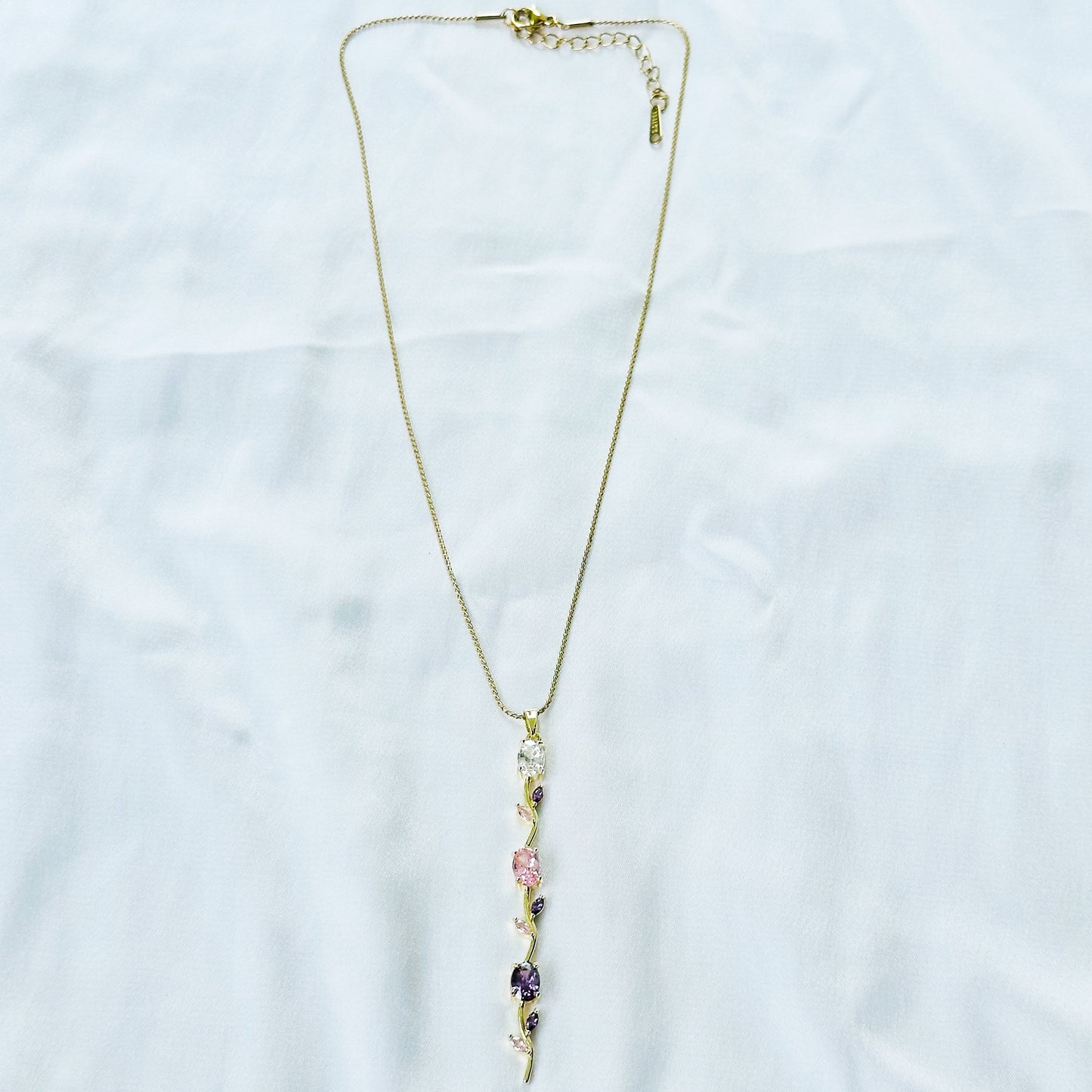 Pink Topaz & Purple Amethyst Cubic Zirconia Tulip Design American Diamond Gold Plated Stainless Steel Necklace