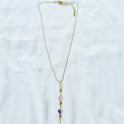 Pink Topaz & Purple Amethyst Cubic Zirconia Tulip Design American Diamond Gold Plated Stainless Steel Necklace