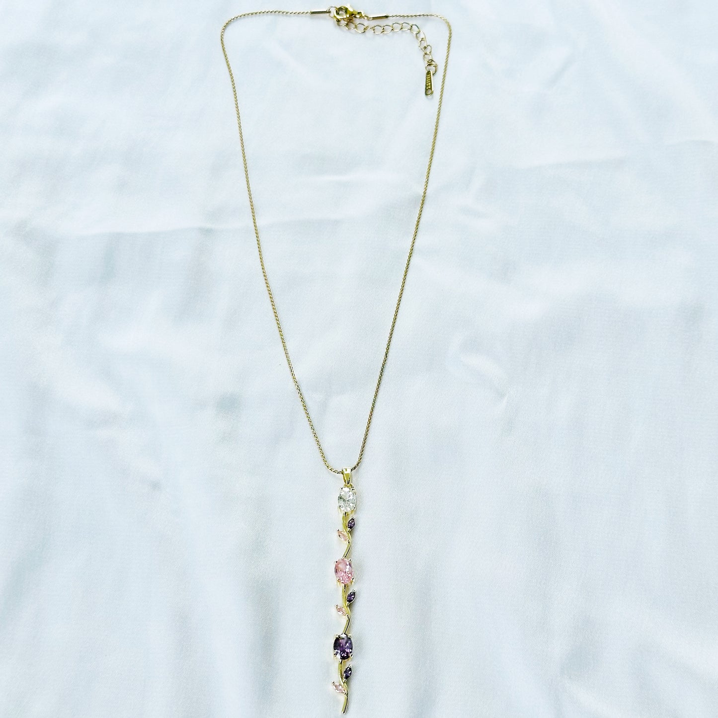 Pink Topaz & Purple Amethyst Cubic Zirconia Tulip Design American Diamond Gold Plated Stainless Steel Necklace