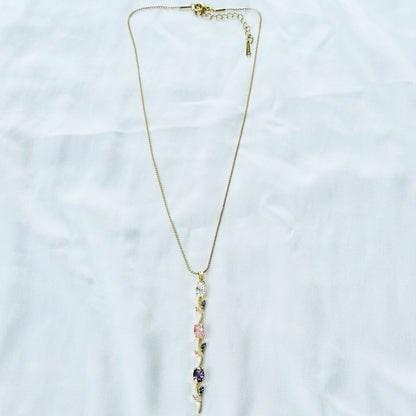 Pink Topaz & Purple Amethyst Cubic Zirconia Tulip Design American Diamond Gold Plated Stainless Steel Necklace