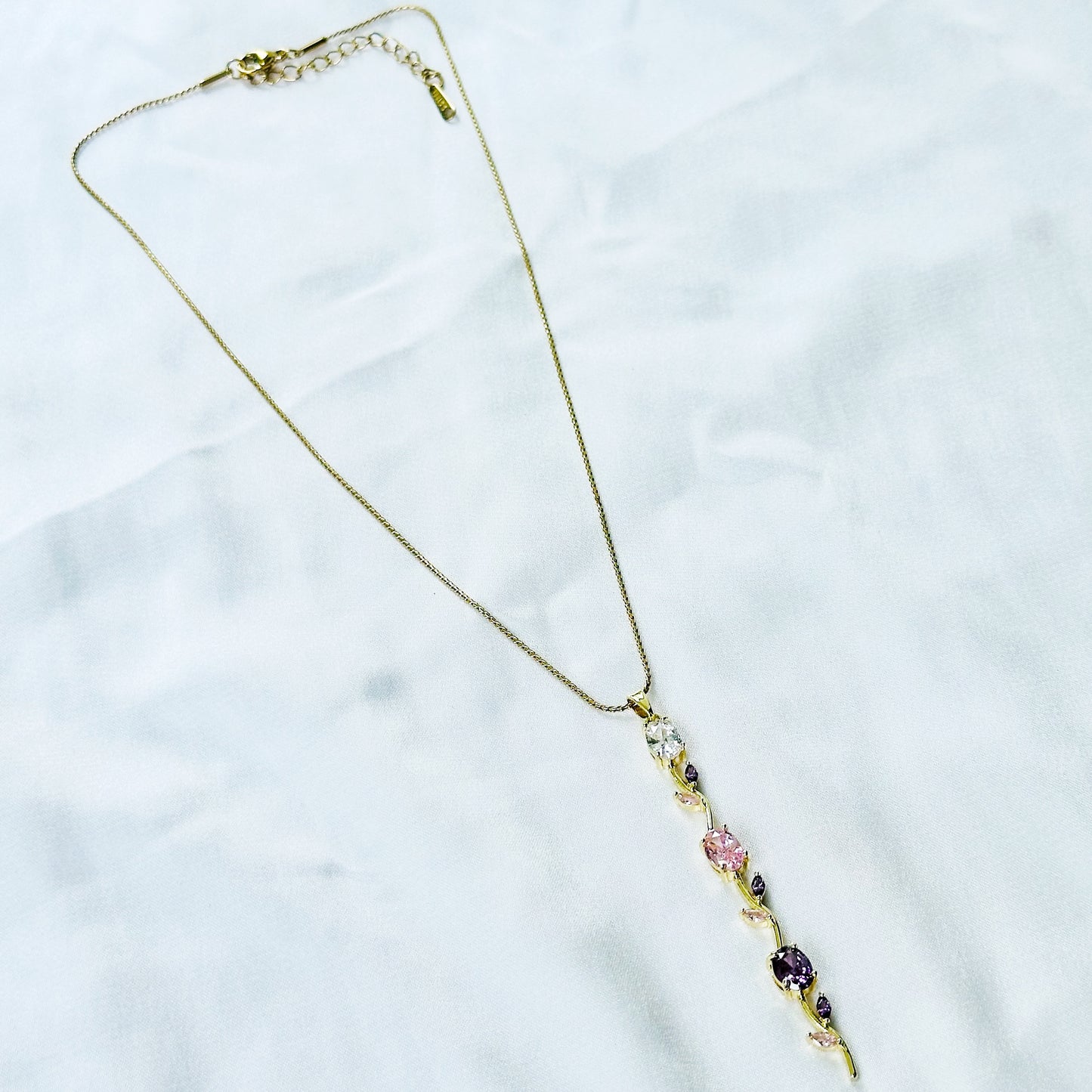 Pink Topaz & Purple Amethyst Cubic Zirconia Tulip Design American Diamond Gold Plated Stainless Steel Necklace