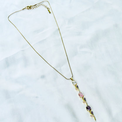 Pink Topaz & Purple Amethyst Cubic Zirconia Tulip Design American Diamond Gold Plated Stainless Steel Necklace