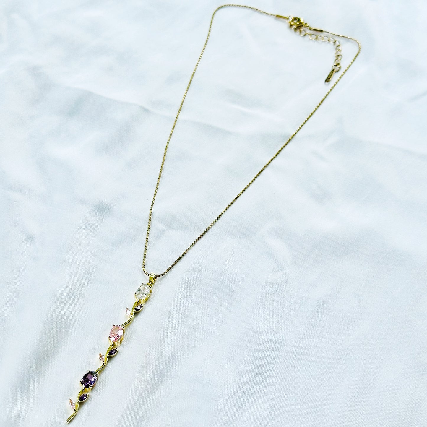 Pink Topaz & Purple Amethyst Cubic Zirconia Tulip Design American Diamond Gold Plated Stainless Steel Necklace