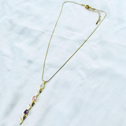 Pink Topaz & Purple Amethyst Cubic Zirconia Tulip Design American Diamond Gold Plated Stainless Steel Necklace