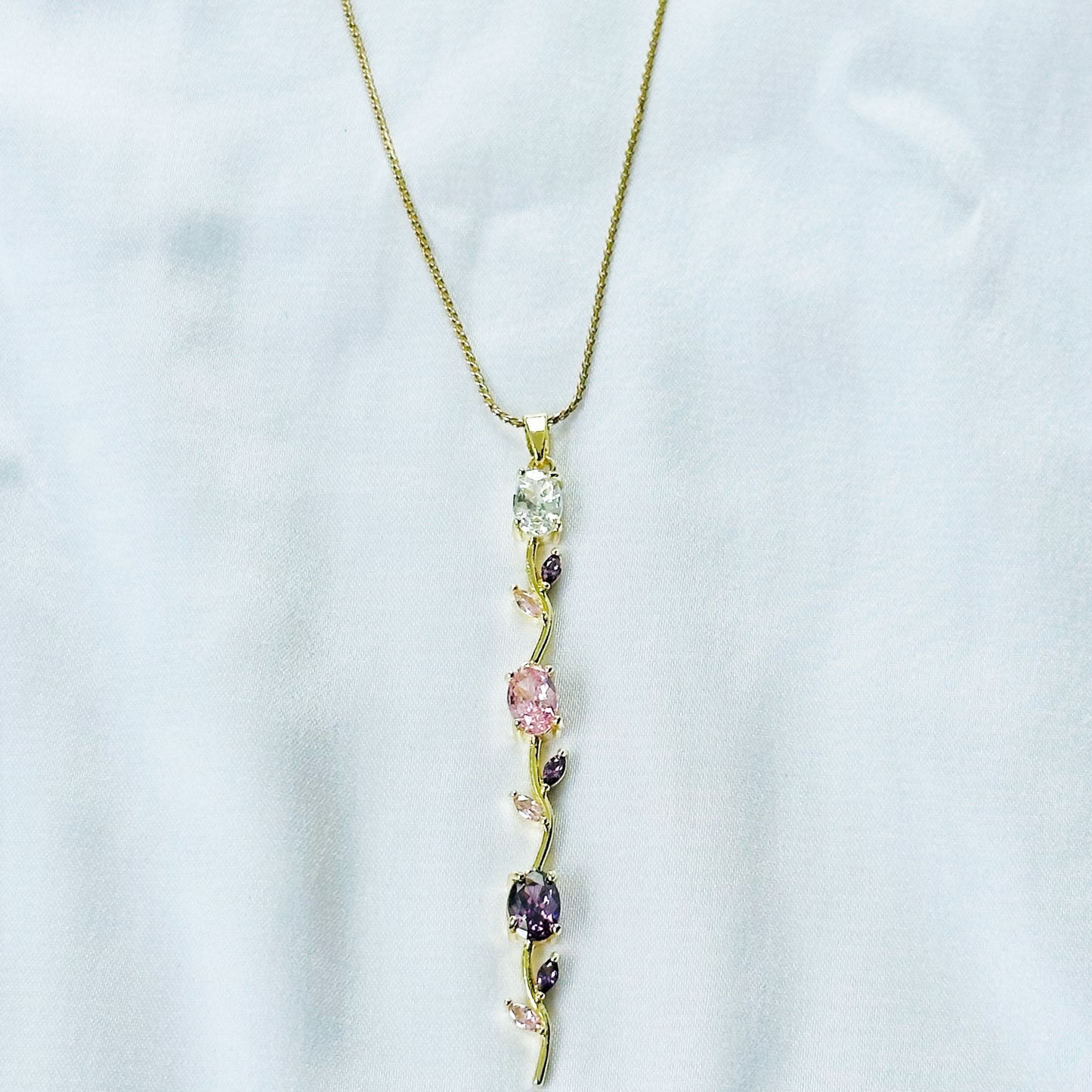 Pink Topaz & Purple Amethyst Cubic Zirconia Tulip Design American Diamond Gold Plated Stainless Steel Necklace