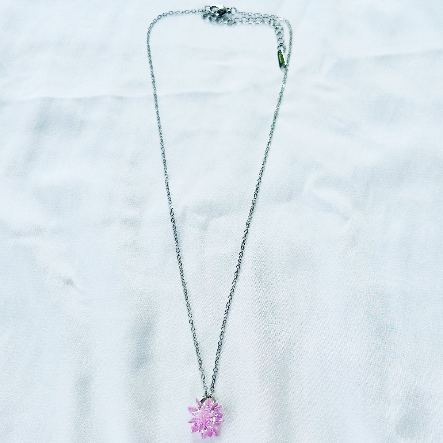 Pink Crystal Flower Design Silver Plated Stainless Steel Necklace