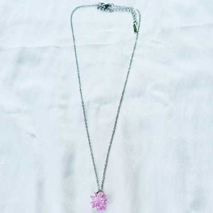 Pink Crystal Flower Design Silver Plated Stainless Steel Necklace